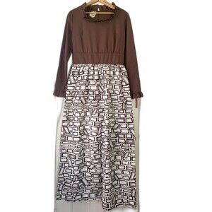 VTG 70s mod print maxi dress ruffled collar cuffs Fashioned by Patty Size S/M
